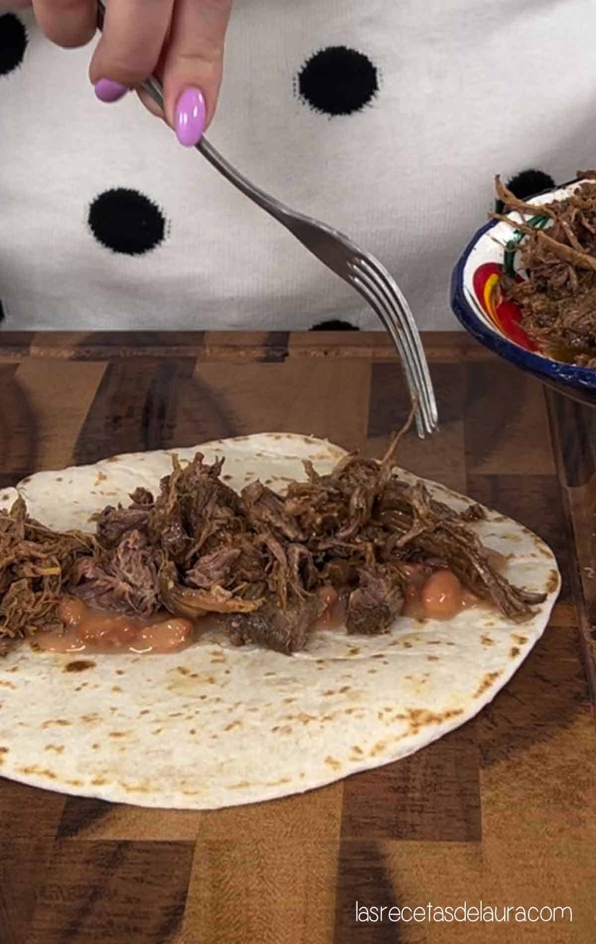 Beef barbacoa on a tortilla